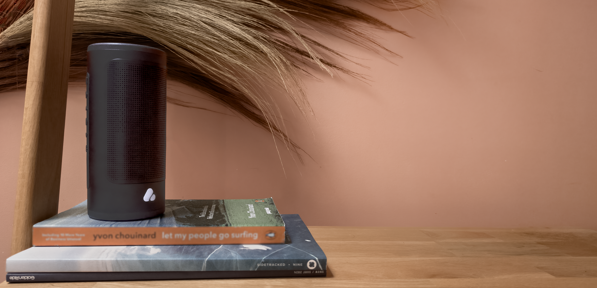PINE Beat speaker on a stack of books with a blurred background