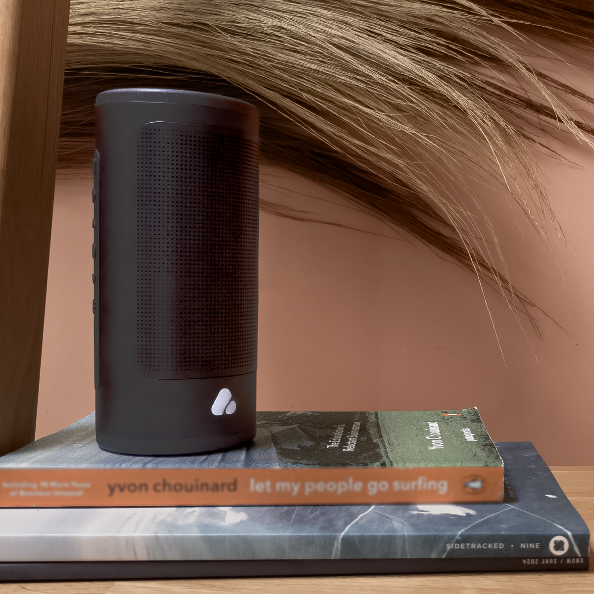 PINE Beat speaker on a stack of books with a blurred background