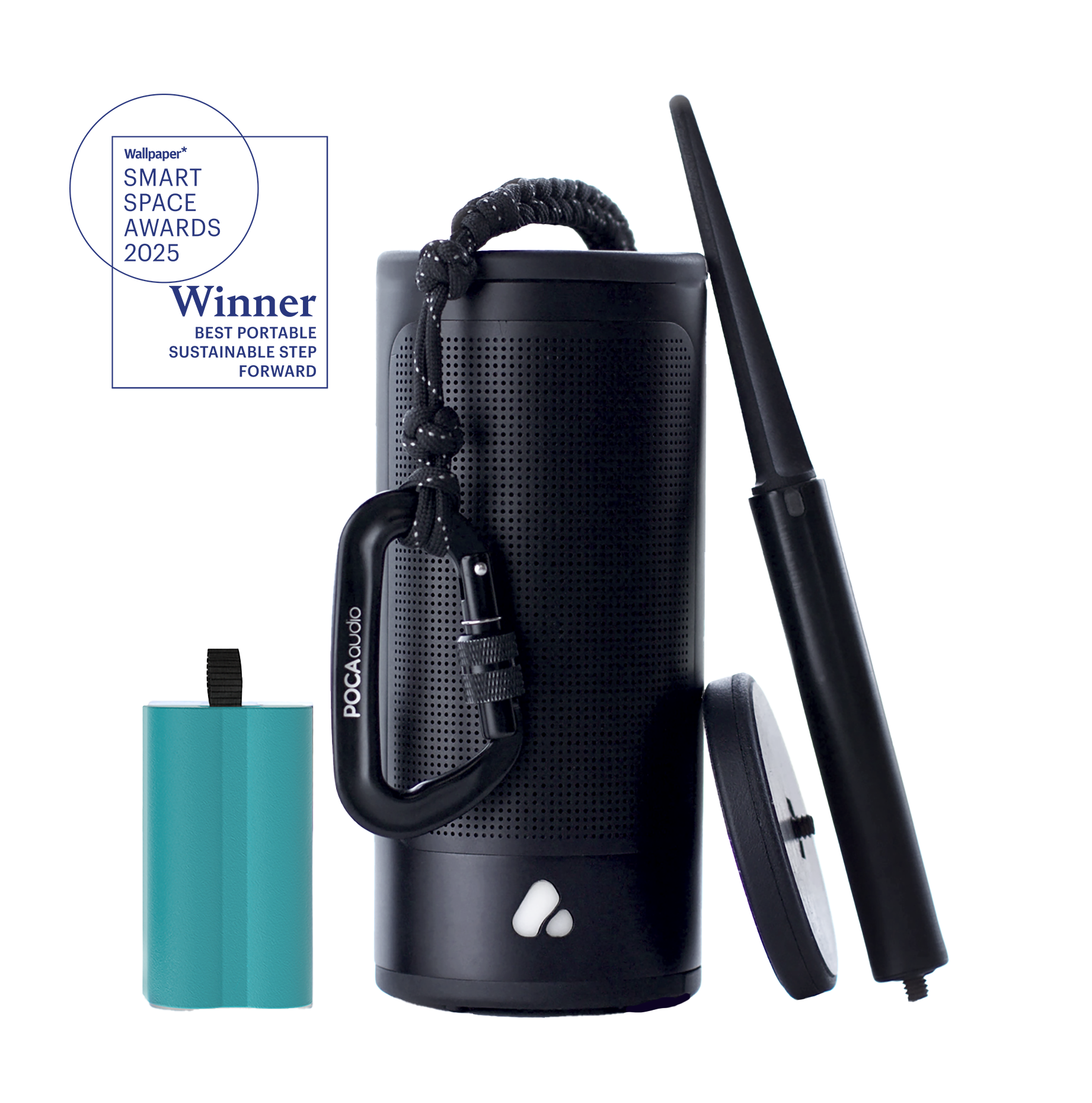 Black portable speaker with accessories on a white background, featuring the Wolgar Smart Space Awards 2025 winner badge.