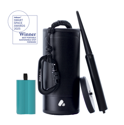 Black portable speaker with accessories on a white background, featuring the Wolgar Smart Space Awards 2025 winner badge.